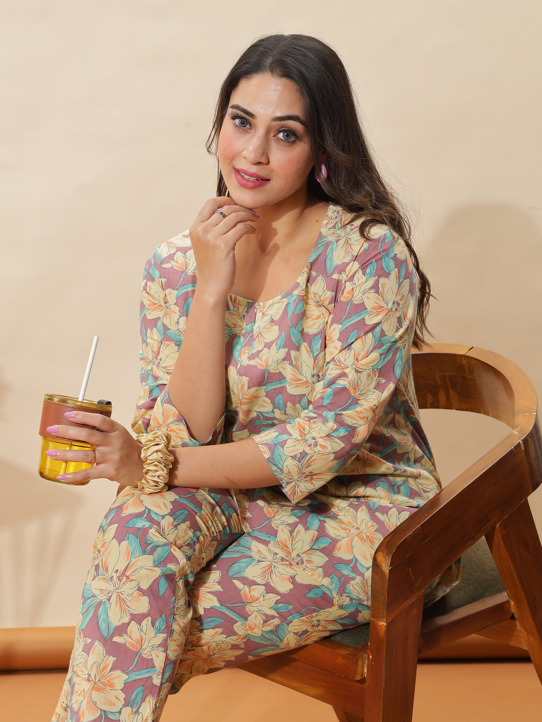 Light Mauve Floral Cotton Pajama Set for Women With Comfortable & Stylish