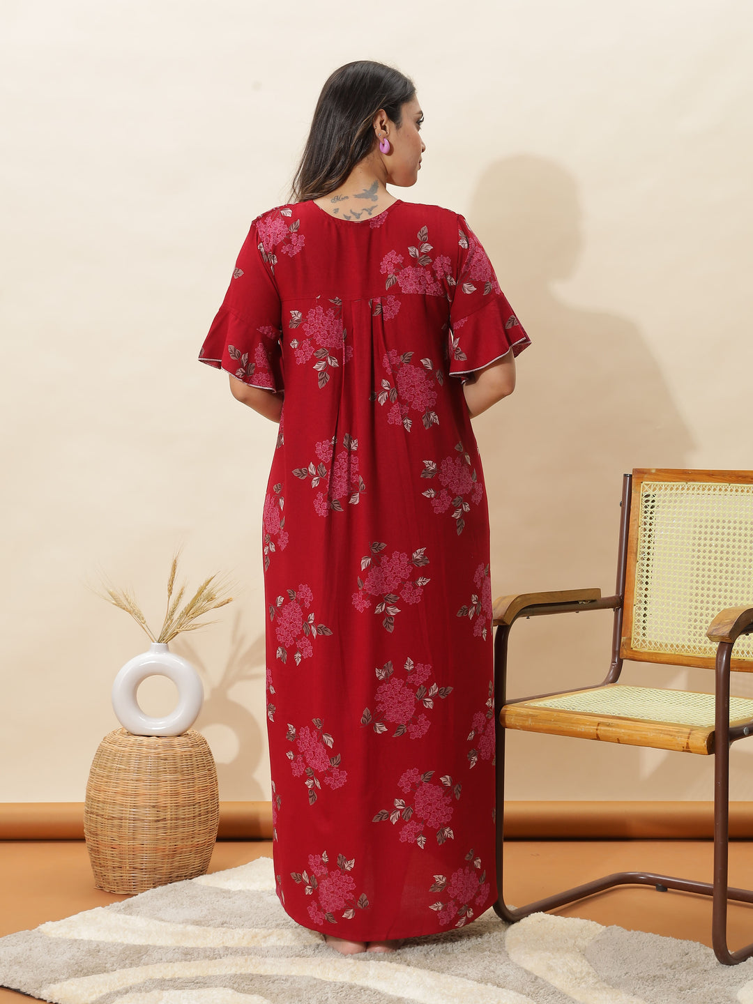 Rich Red Designer Nighty for Women With Stylish Floral Maxi Gown