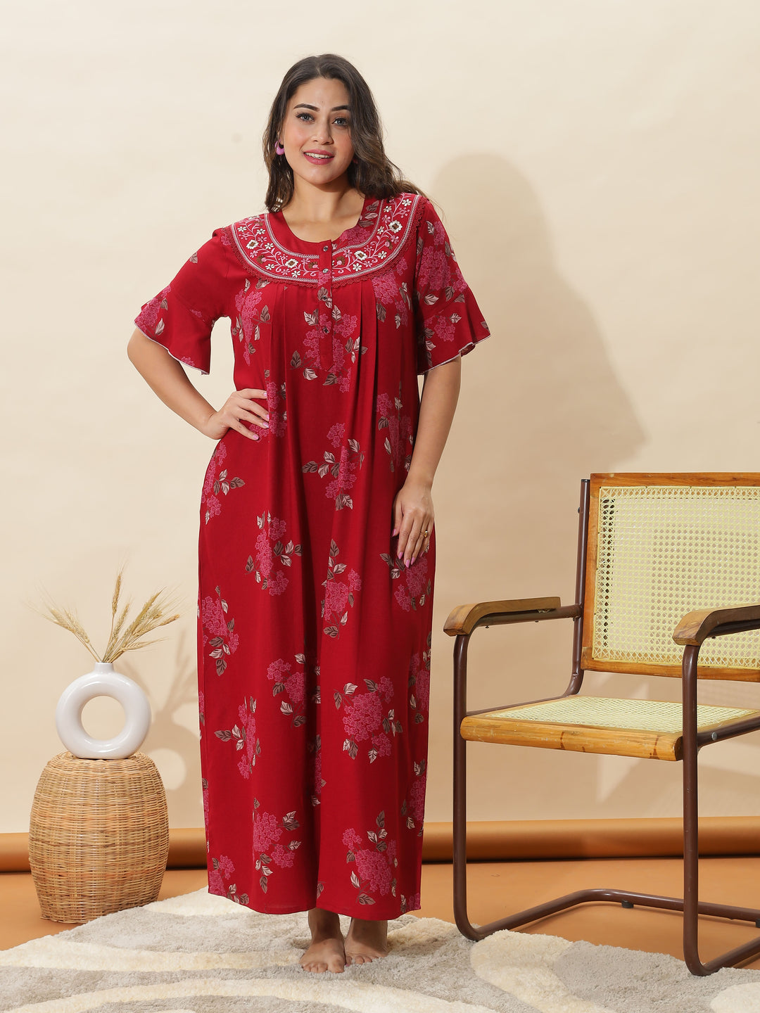 Rich Red Designer Nighty for Women With Stylish Floral Maxi Gown