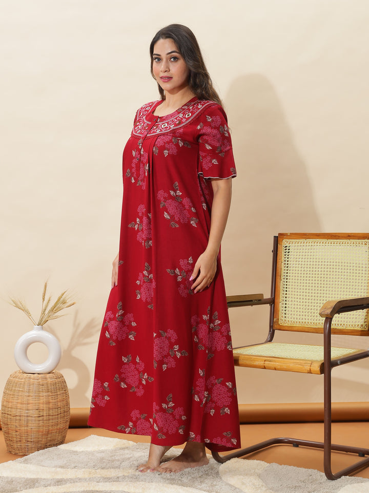 Rich Red Designer Nighty for Women With Stylish Floral Maxi Gown