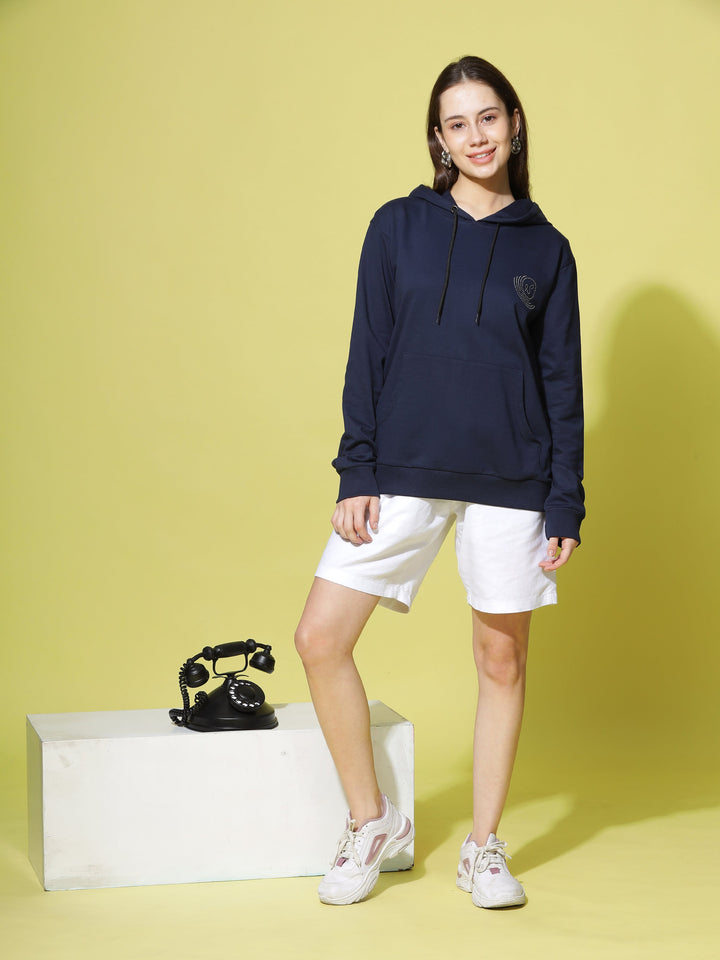 Hosiery Cotton Navy Blue Hoodie for Women