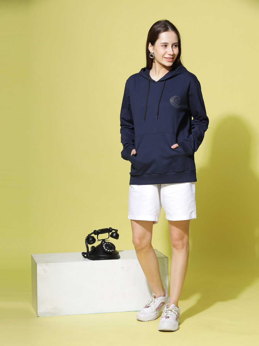 Hosiery Cotton Navy Blue Hoodie for Women