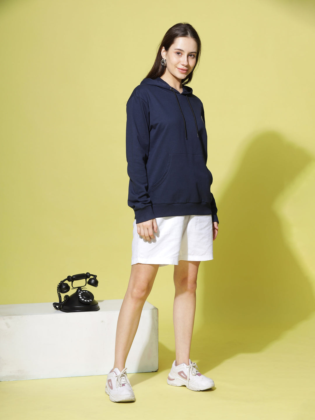 Hosiery Cotton Navy Blue Hoodie for Women