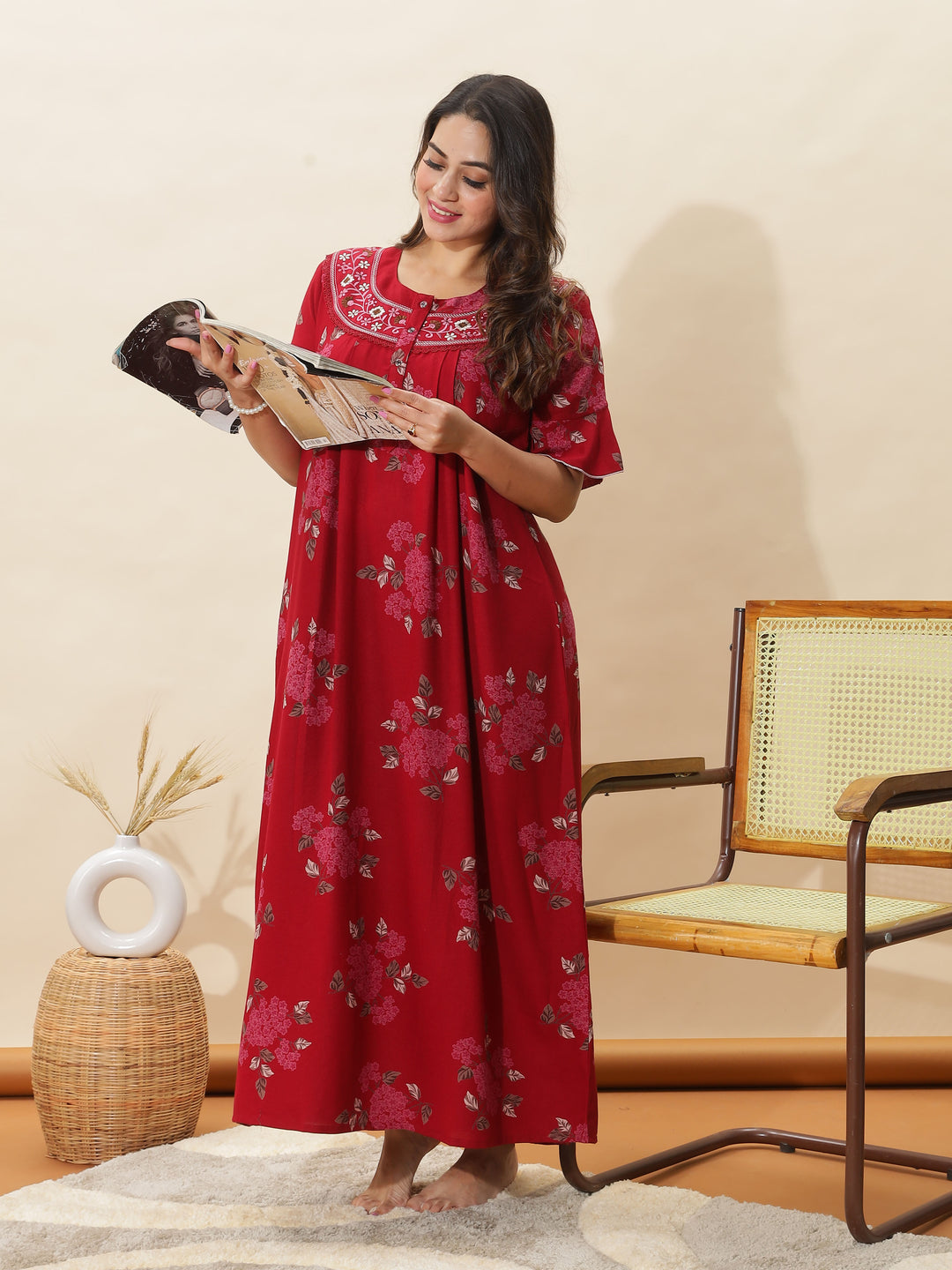 Rich Red Designer Nighty for Women With Stylish Floral Maxi Gown