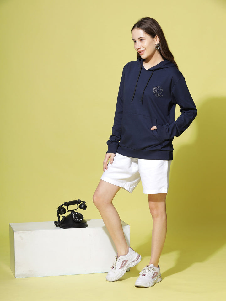 Hosiery Cotton Navy Blue Hoodie for Women