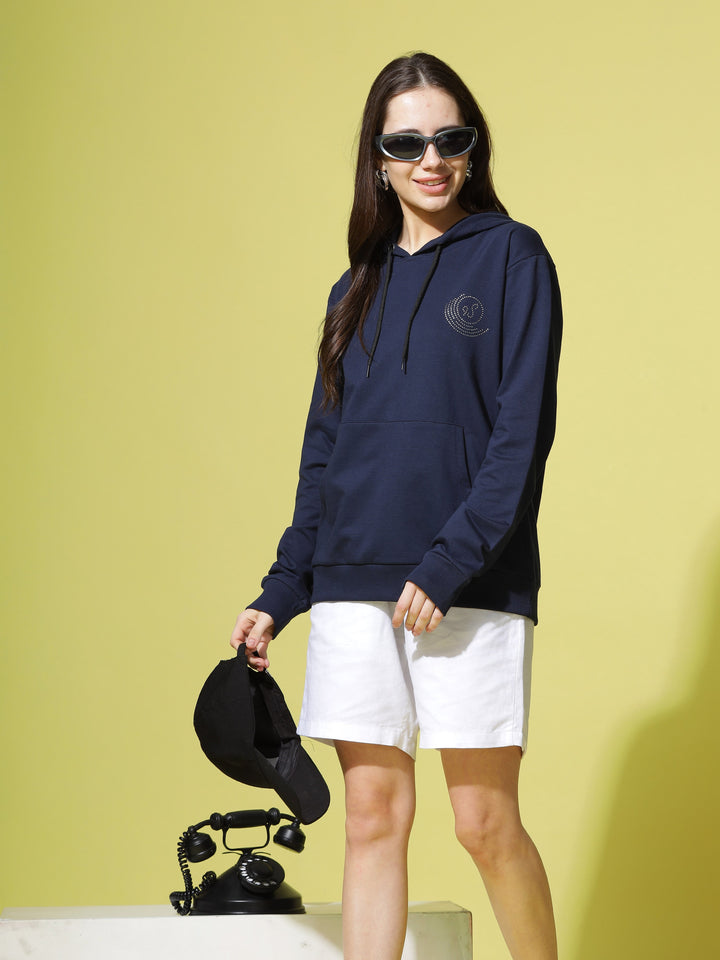 Hosiery Cotton Navy Blue Hoodie for Women