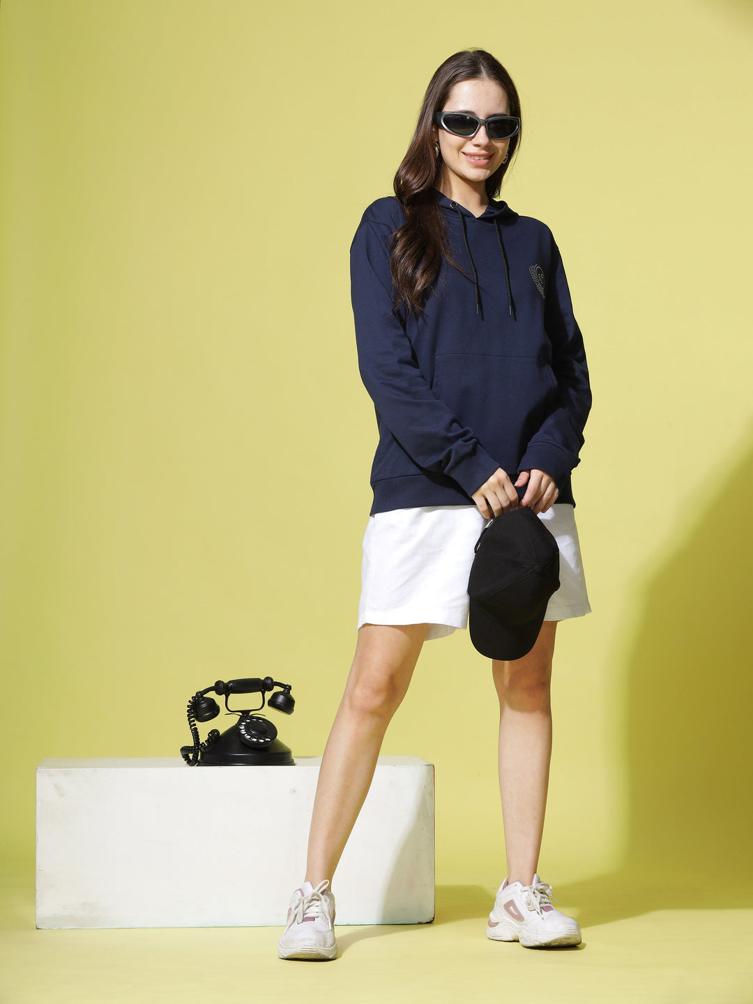 Hosiery Cotton Navy Blue Hoodie for Women