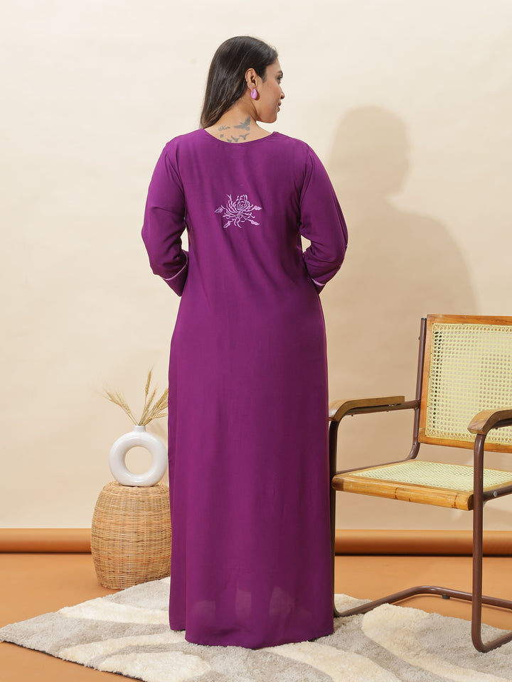 Soft Purple Topaz Embroidered Rayon Nighty for Women 