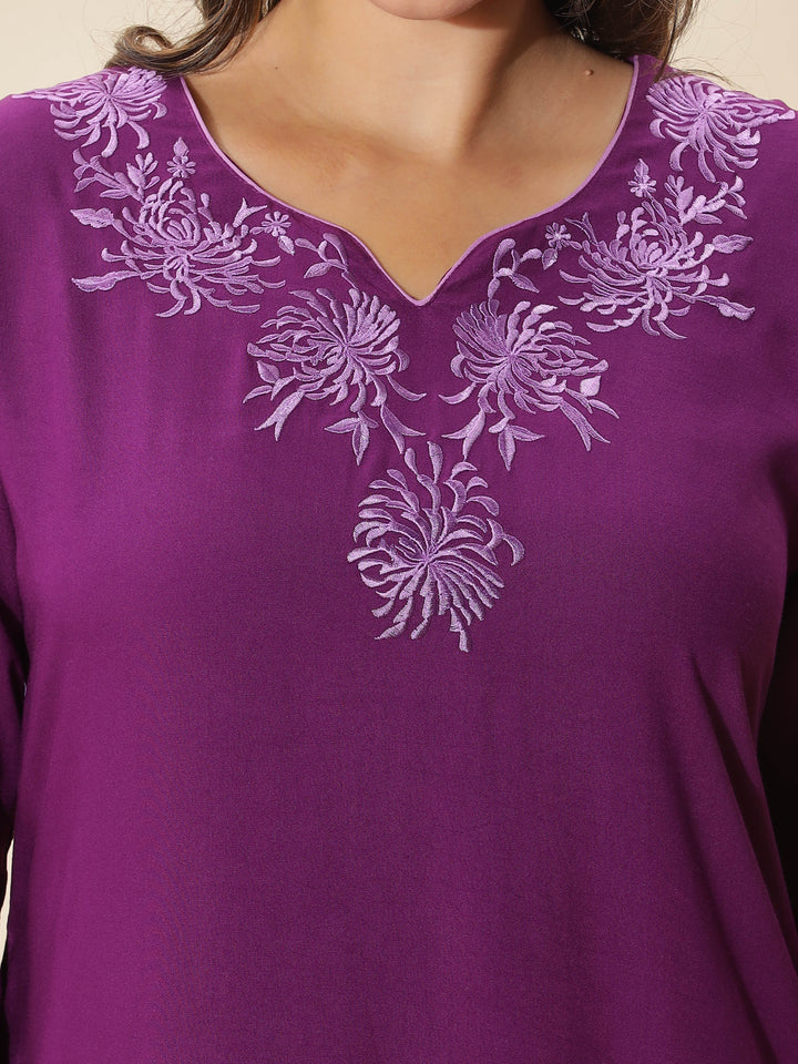 Soft Purple Topaz Embroidered Rayon Nighty for Women 