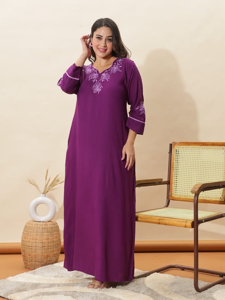 Soft Purple Topaz Embroidered Rayon Nighty for Women 