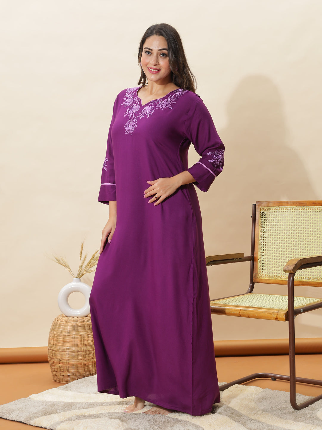 Soft Purple Topaz Embroidered Rayon Nighty for Women 