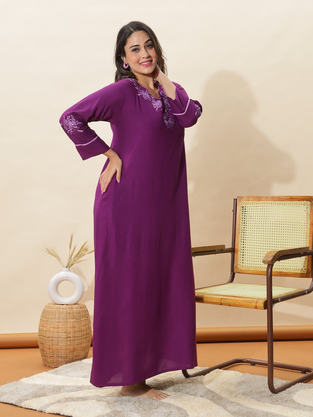 Soft Purple Topaz Embroidered Rayon Nighty for Women 