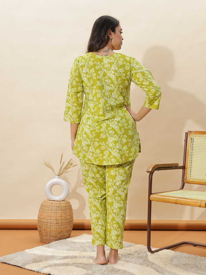 Apple Green Floral Cotton Pyjama Set for Women With Stylish & Comfortable