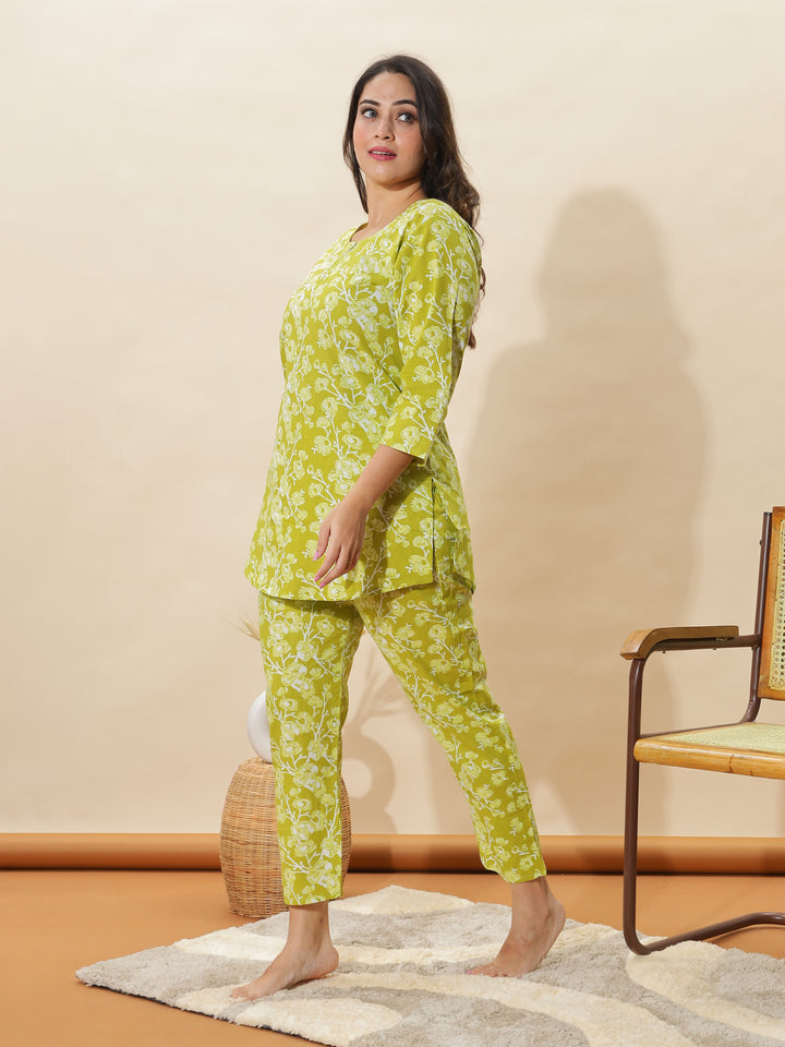 Apple Green Floral Cotton Pyjama Set for Women With Stylish & Comfortable