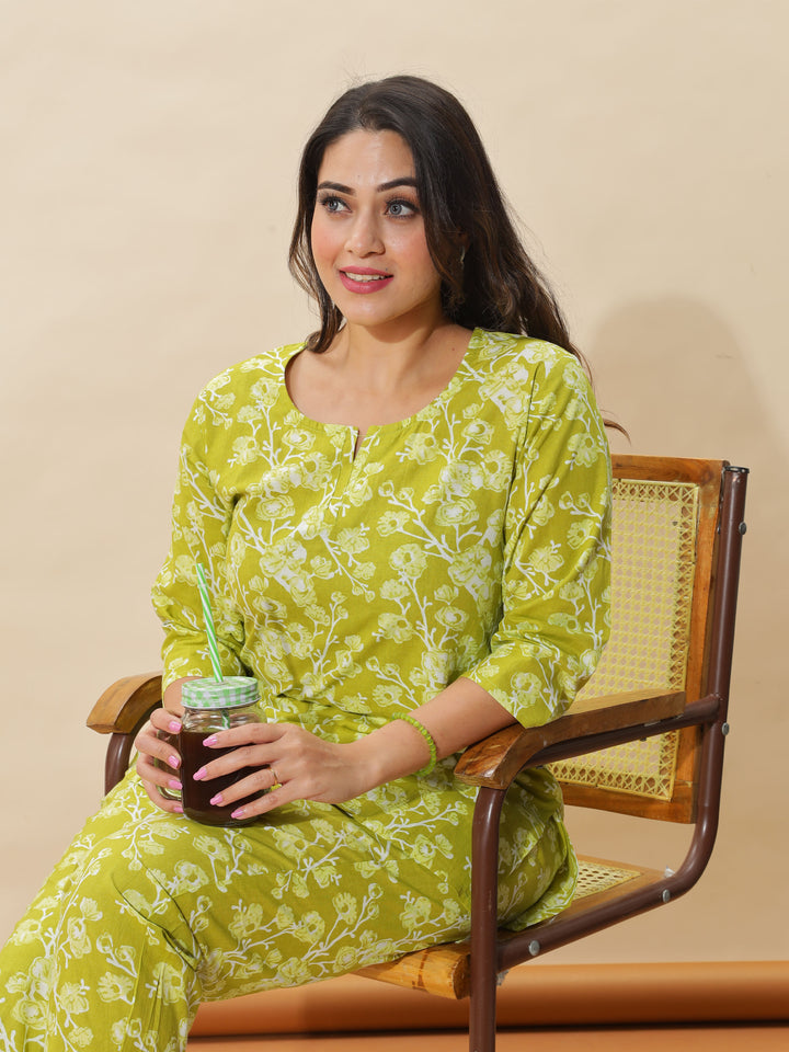 Apple Green Floral Cotton Pyjama Set for Women With Stylish & Comfortable