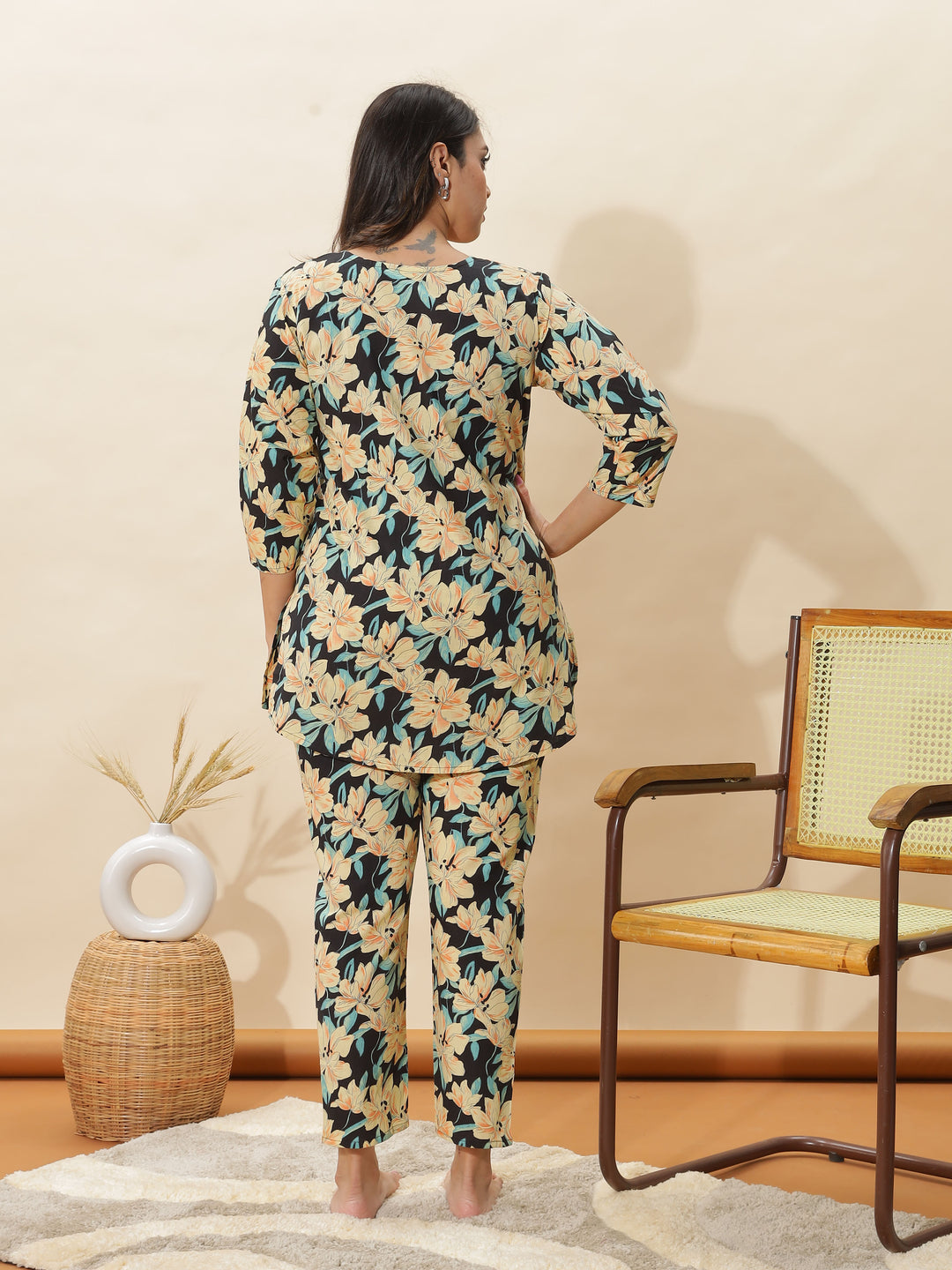 Black Floral Cotton Pajama Set for Women Soft & Breathable Loungewear