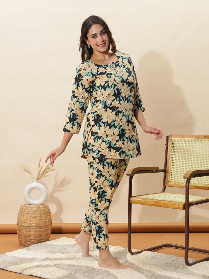 Black Floral Cotton Pajama Set for Women Soft & Breathable Loungewear