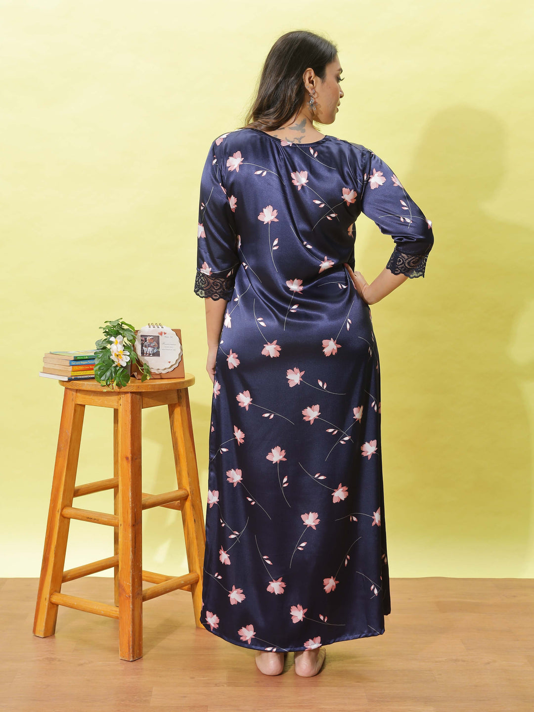 Deep Blue Chic Floral Satin Nightdress for Women