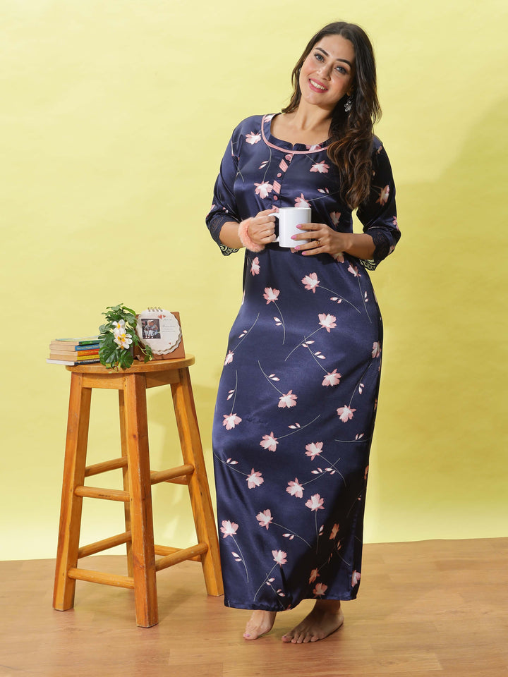 Deep Blue Chic Floral Satin Nightdress for Women