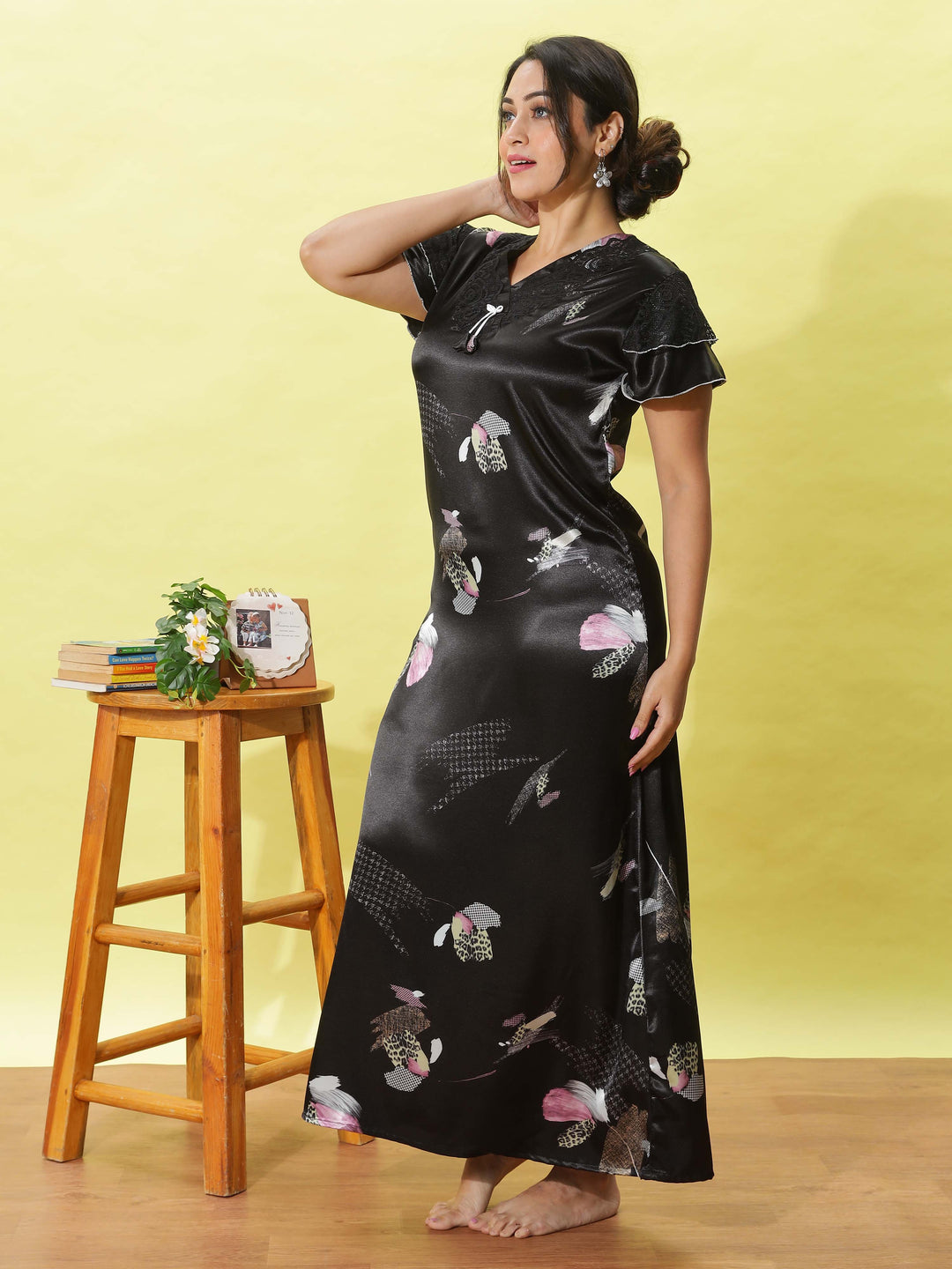 Elegant Black Floral Satin Maxi Nighty for Women with Pocket