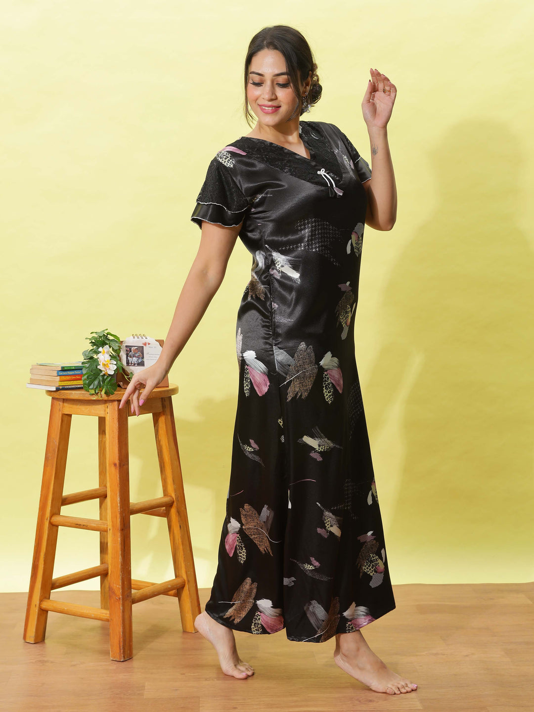 Elegant Black Floral Satin Maxi Nighty for Women with Pocket