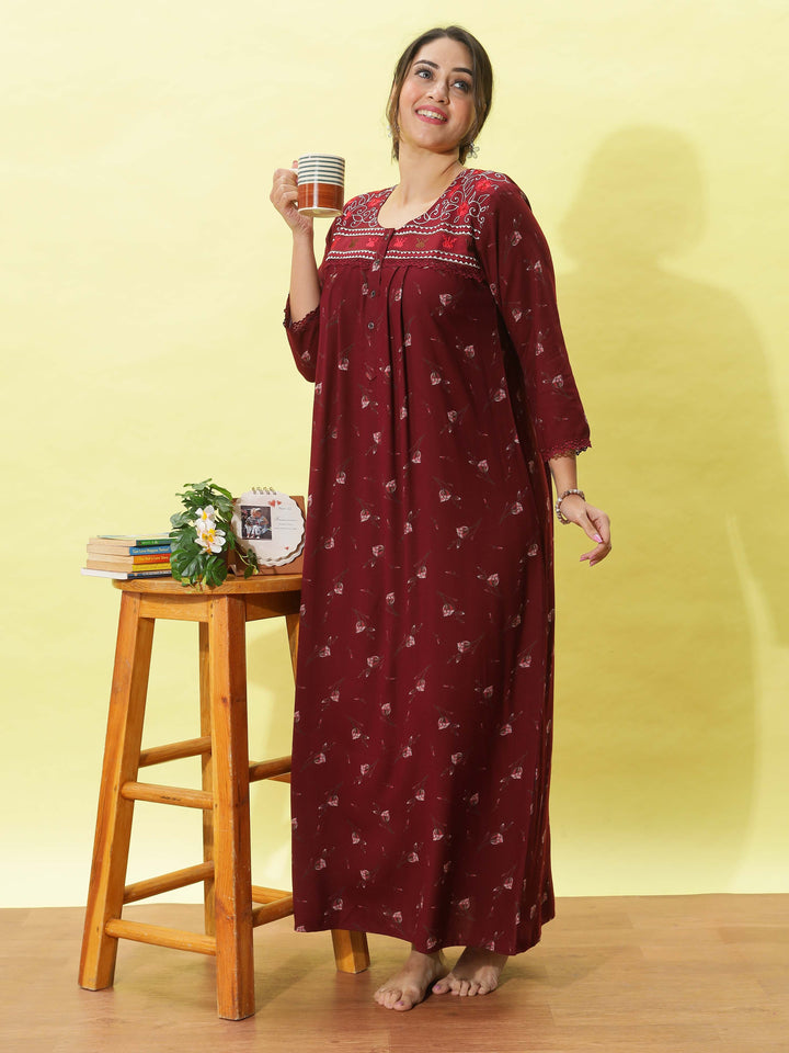 Alpine Maroon Designer Nighty for Women With Breathable & Stylish