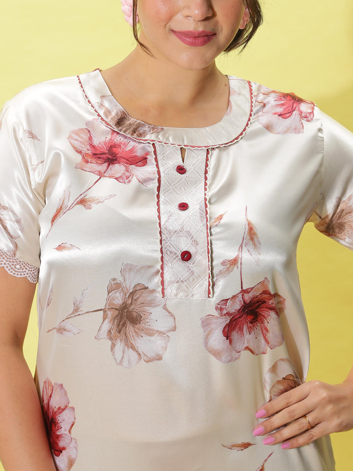 Light Cream Satin Nighty for Women With Elegant Tropical Printed Design