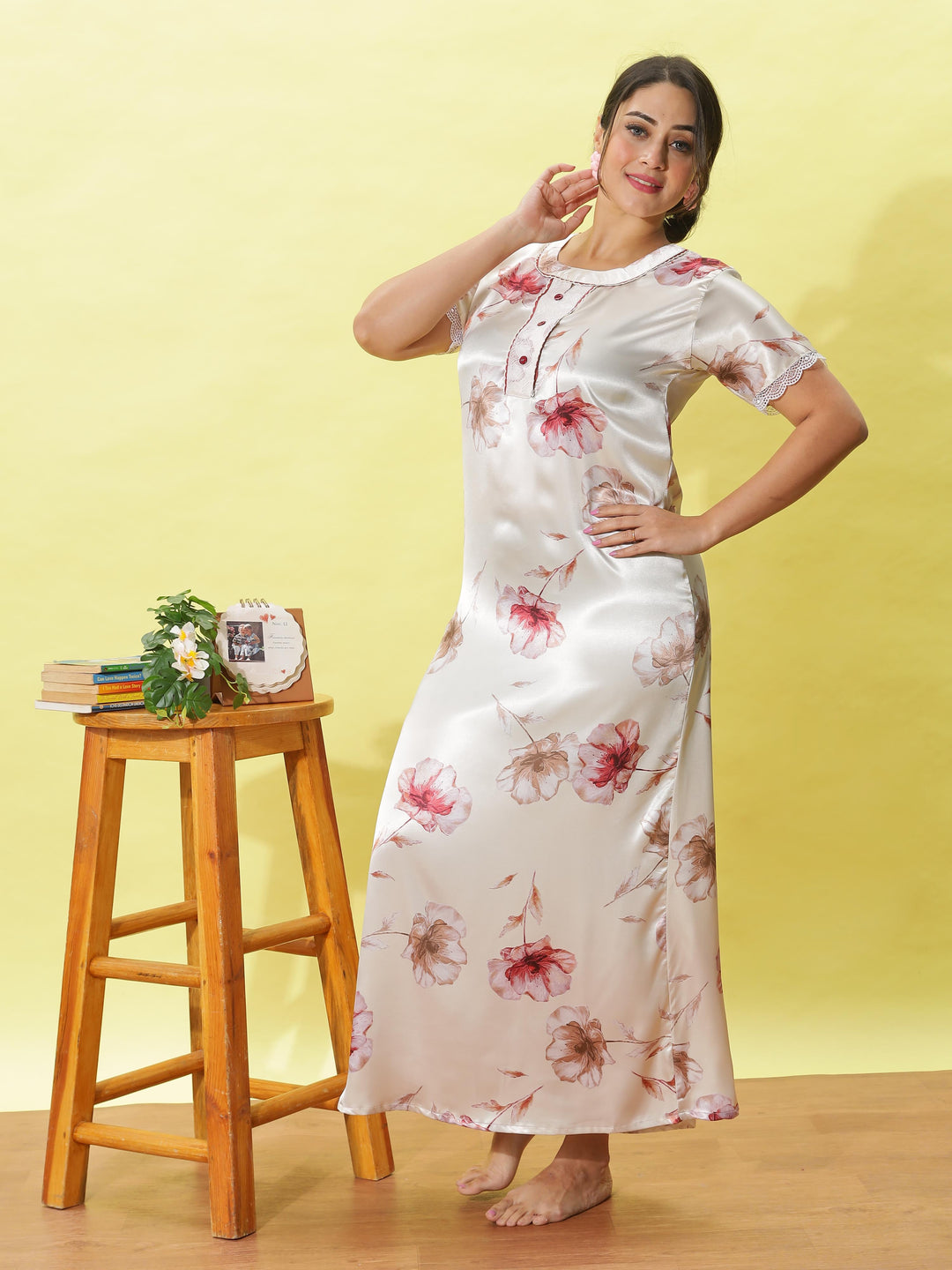 Light Cream Satin Nighty for Women With Elegant Tropical Printed Design