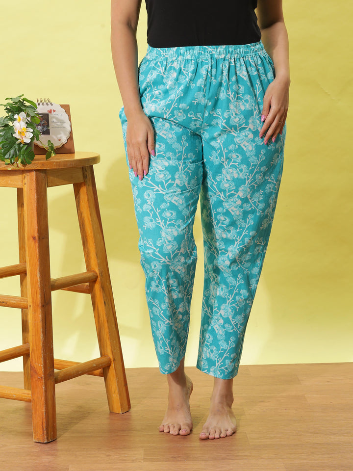 Chic Aqua Blue Floral Cotton Pyjama Set for Women