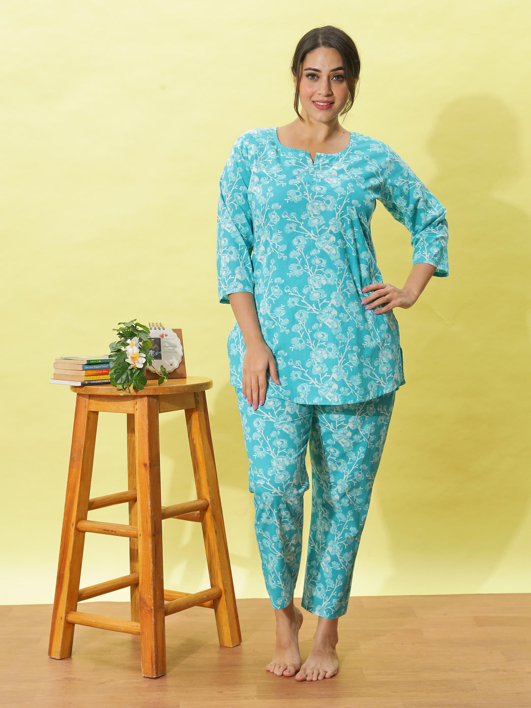 Chic Aqua Blue Floral Cotton Pyjama Set for Women