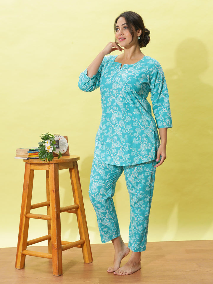 Chic Aqua Blue Floral Cotton Pyjama Set for Women