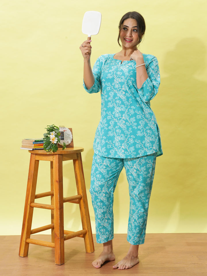 Chic Aqua Blue Floral Cotton Pyjama Set for Women