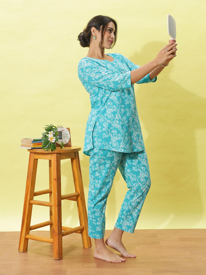 Chic Aqua Blue Floral Cotton Pyjama Set for Women