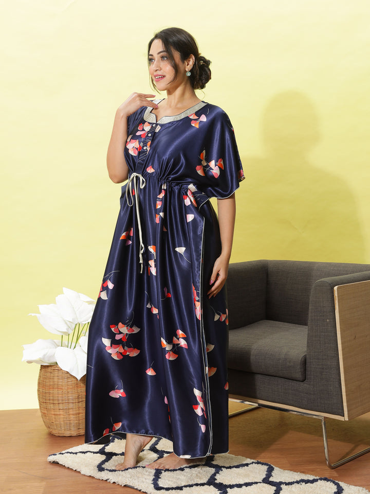 Luxurious Navy Blue Satin Kaftan Nightdress with Adjustable Fit