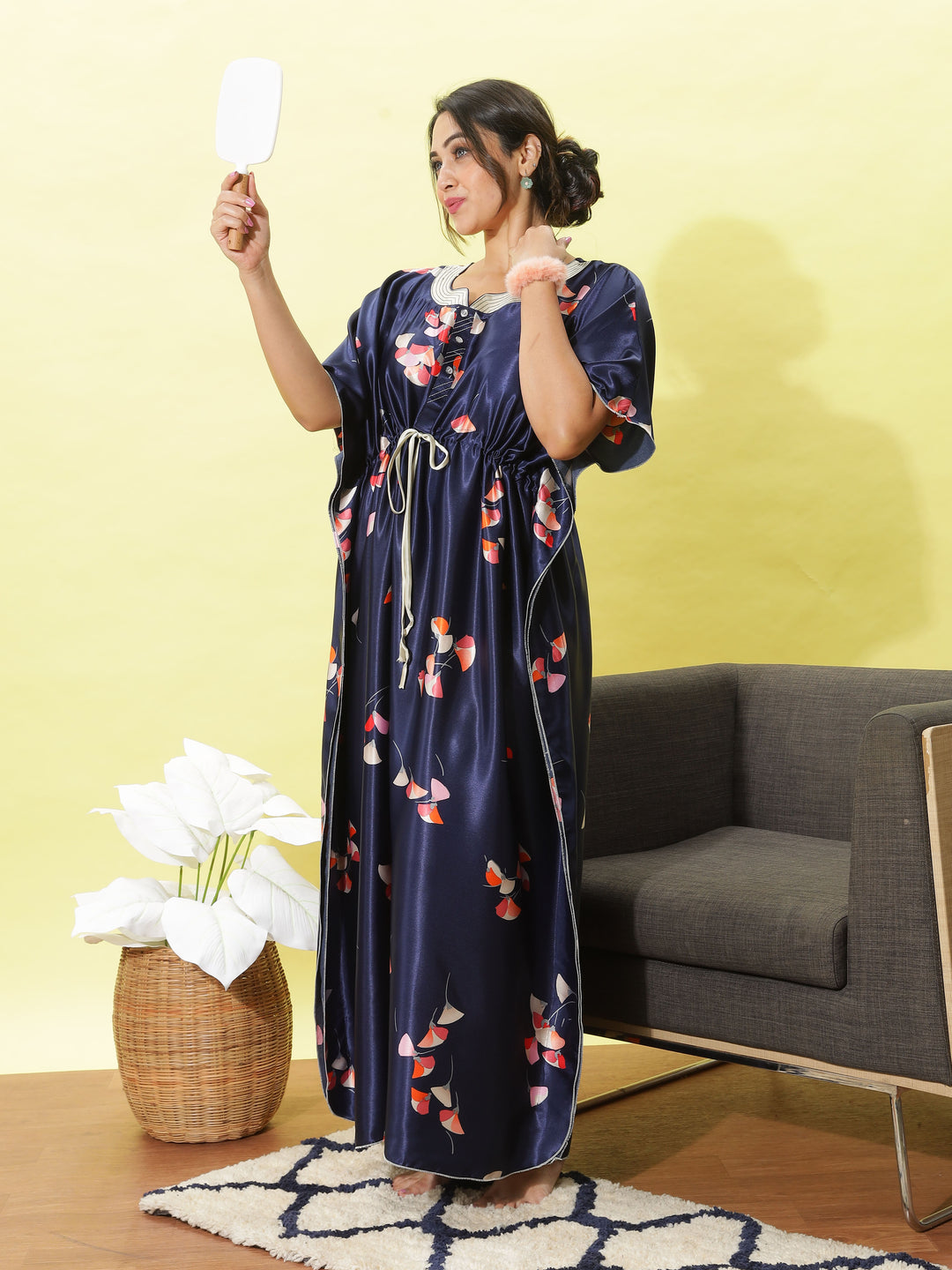 Luxurious Navy Blue Satin Kaftan Nightdress with Adjustable Fit