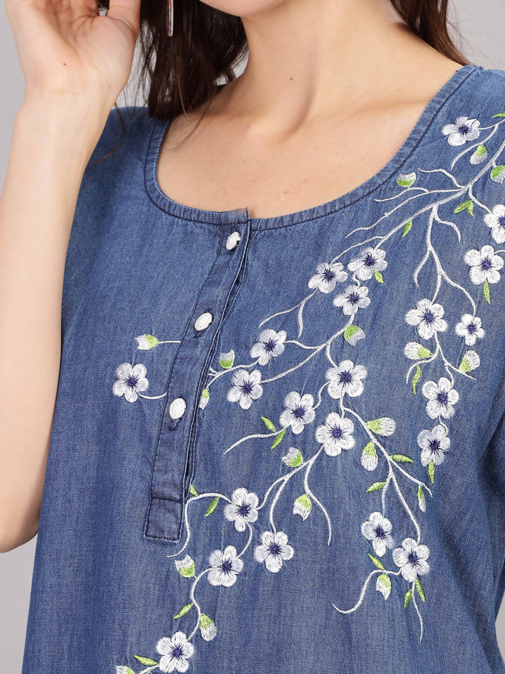 Denim floral print cotton nighty