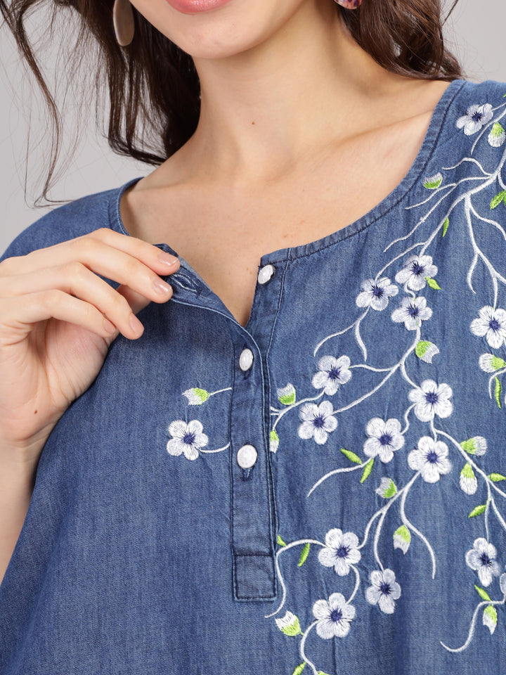 Denim floral print cotton nighty