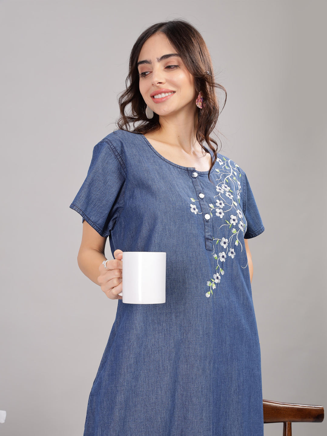 Denim floral print cotton nighty