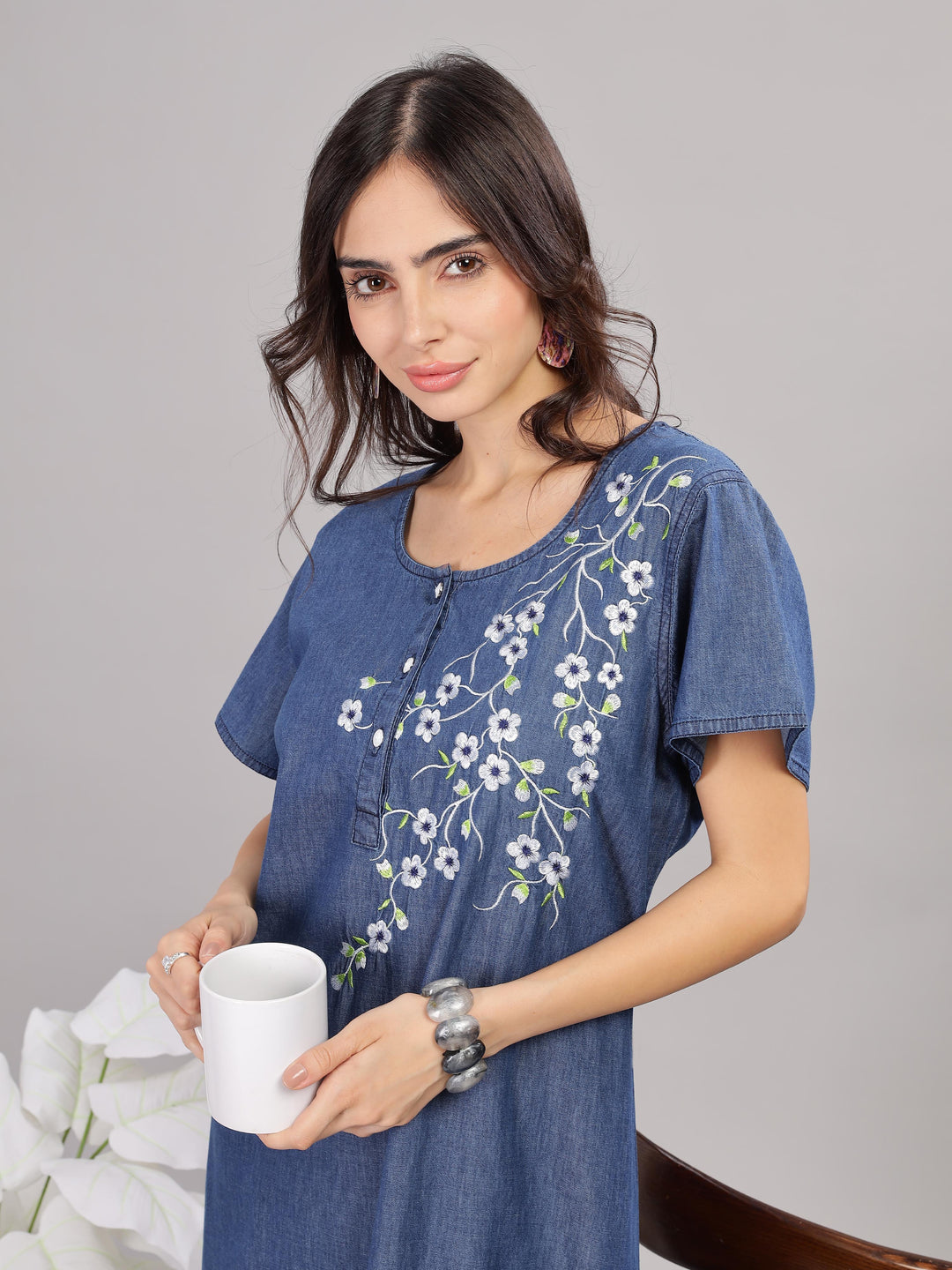 Denim floral print cotton nighty