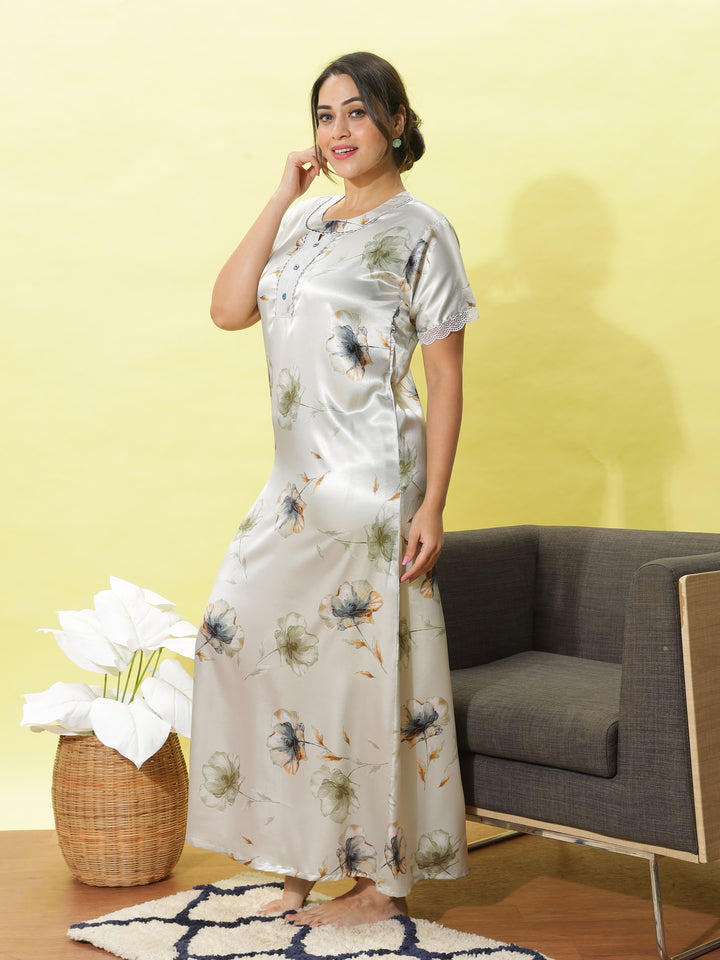 Light Silver Satin Nighty for Women With Luxurious Botanical Print Design