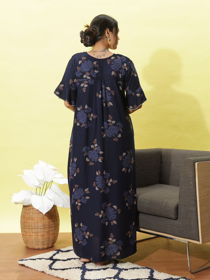 Deep Blue Alpine Nighty for Women With Floral Print Maxi Nightdress