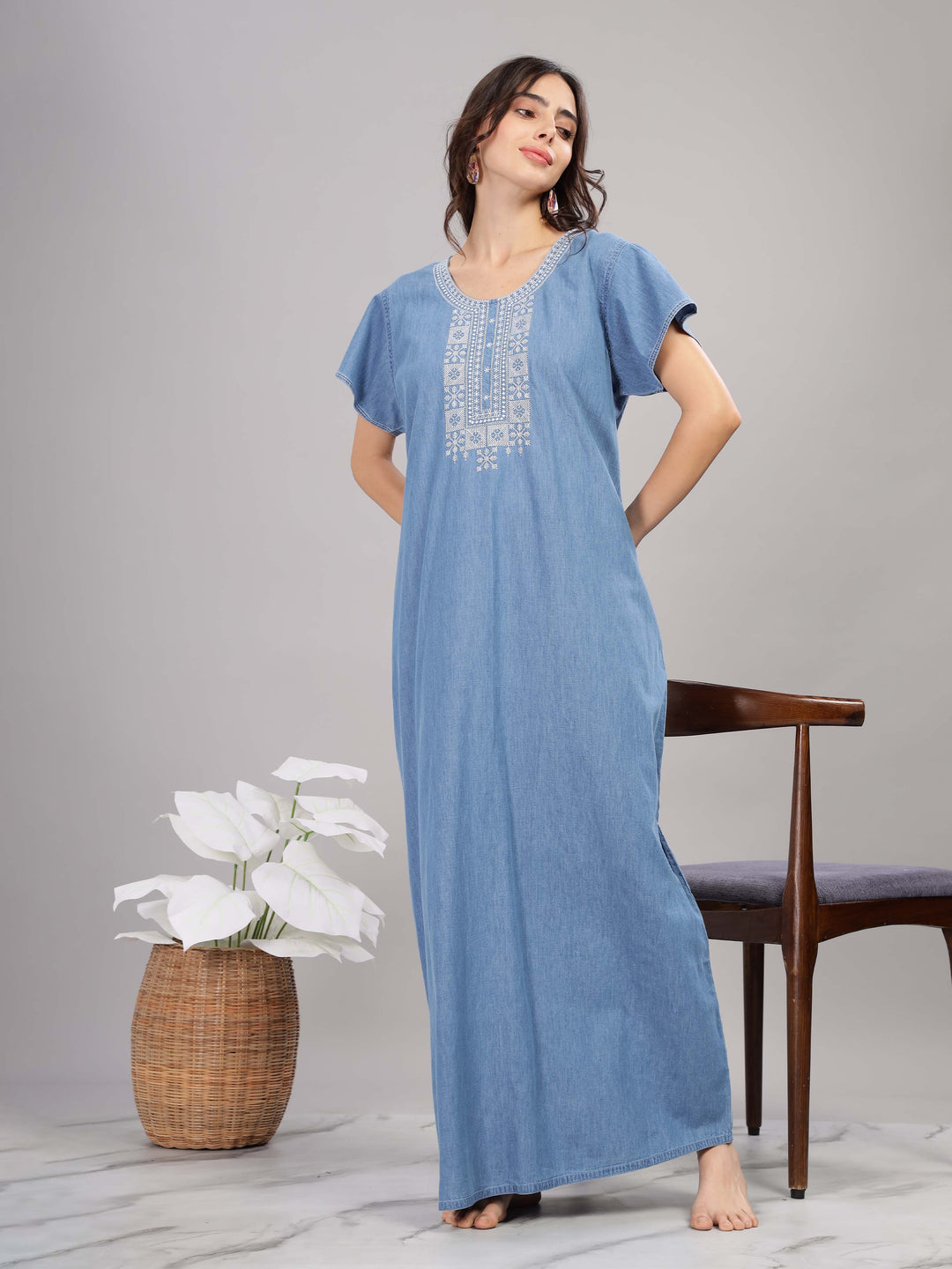 Sky blue cotton maxi nighty 