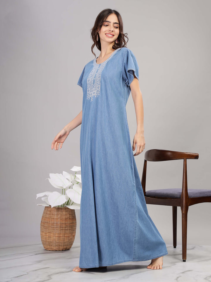 Sky blue cotton maxi nighty 