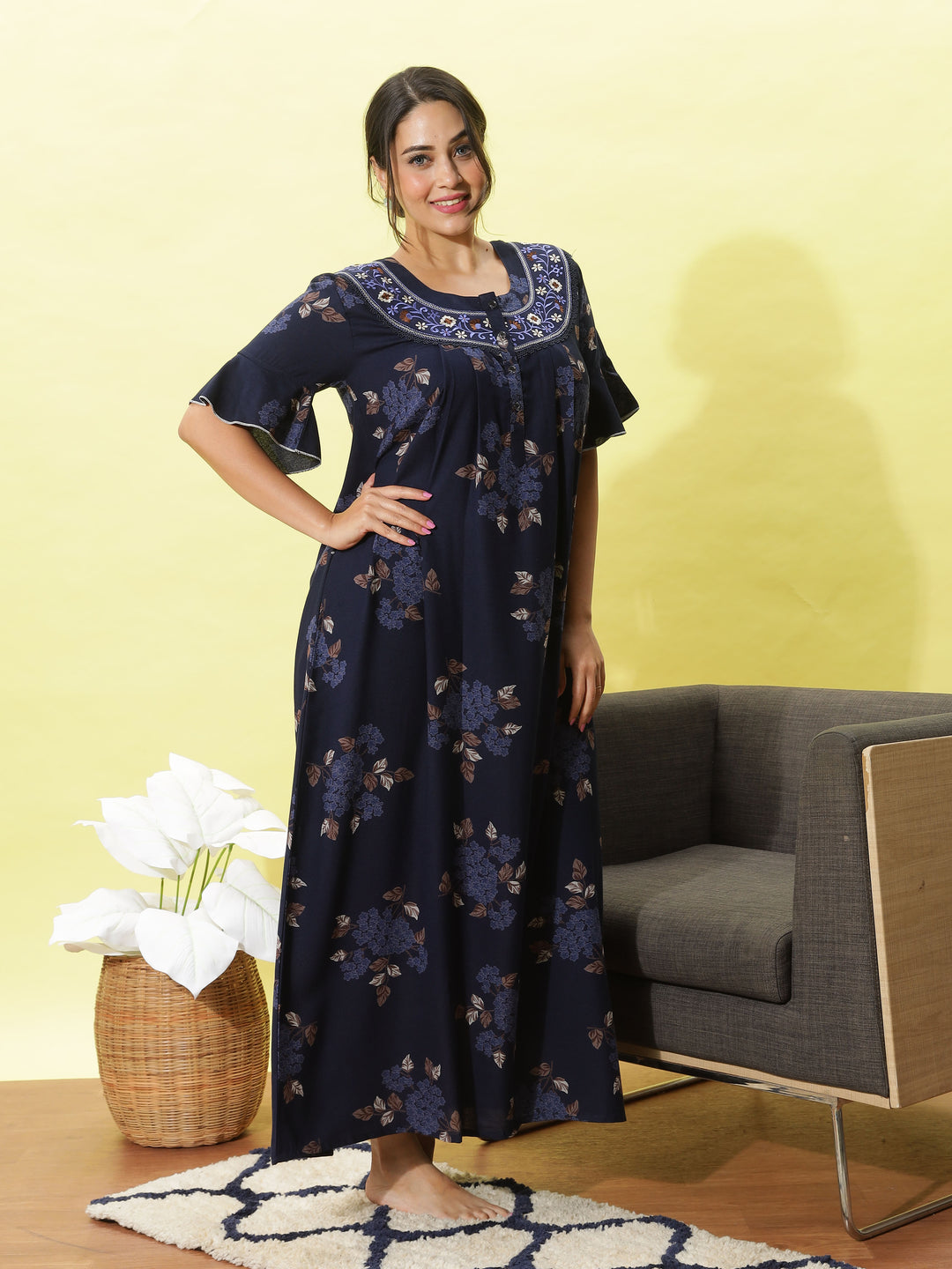 Deep Blue Alpine Nighty for Women With Floral Print Maxi Nightdress