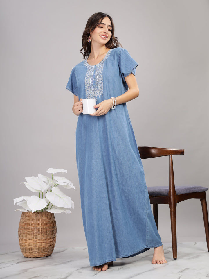 Sky blue cotton maxi nighty 