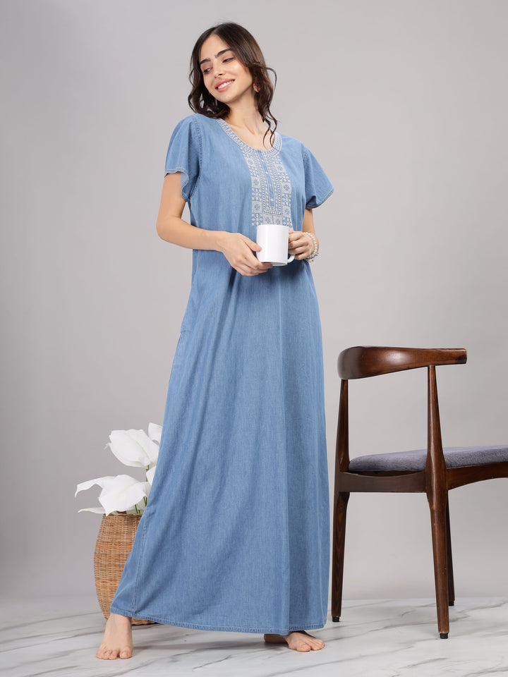 Sky blue cotton maxi nighty 