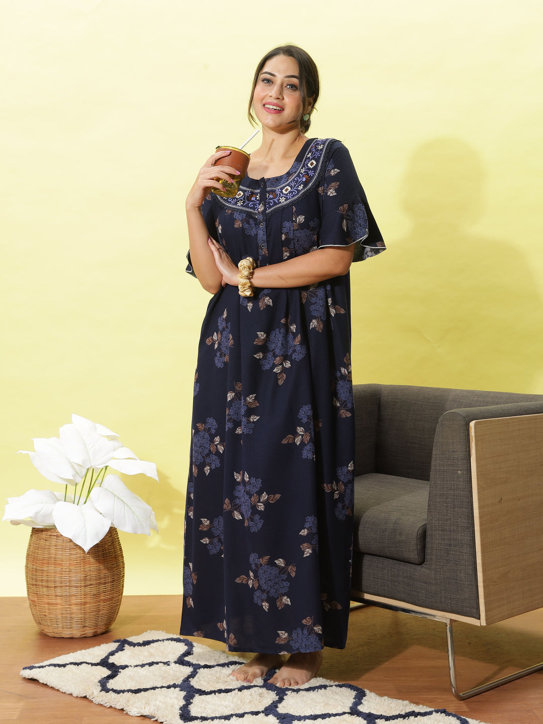 Deep Blue Alpine Nighty for Women With Floral Print Maxi Nightdress