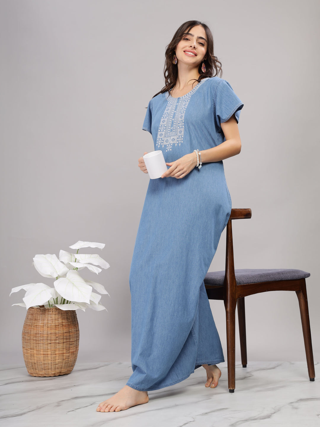 Sky blue cotton maxi nighty 