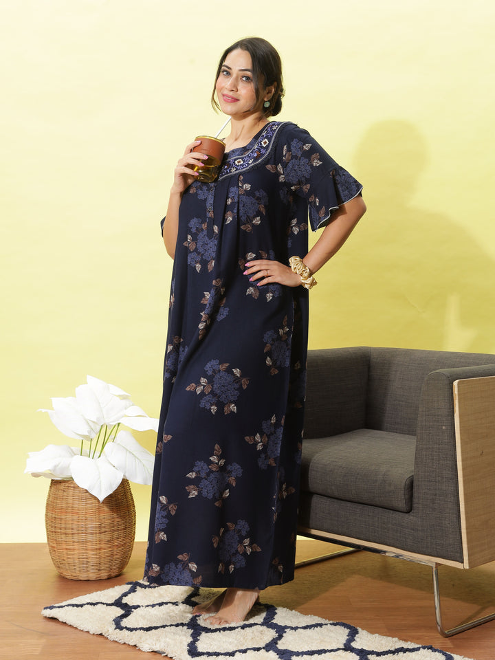 Deep Blue Alpine Nighty for Women With Floral Print Maxi Nightdress