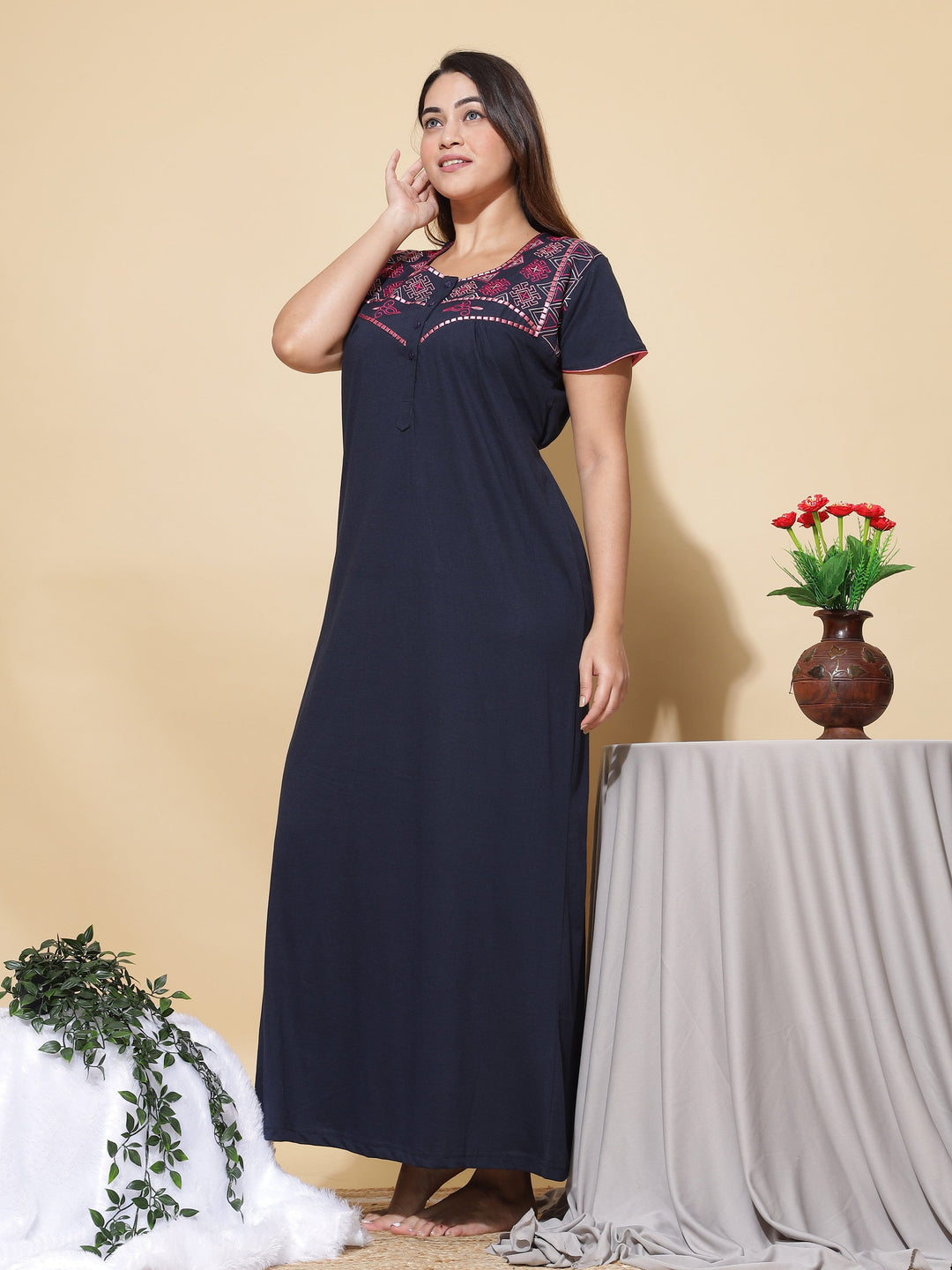  Cotton Blend Nighty  Buy Cotton Blend Designer Navy Blue Nighty- 9shines label 